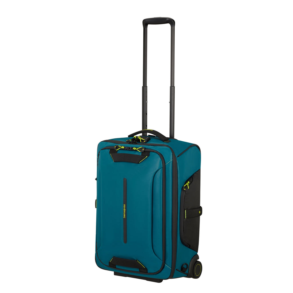 Samsonite Prodiver Wheeled Duffle Backpack (55/20) in the color Petrol Blue/Lime.
