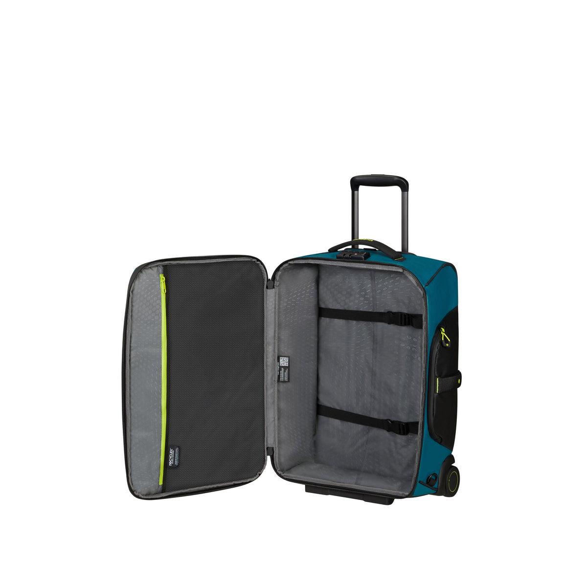 Samsonite Prodiver Wheeled Duffle Backpack (55/20) in the color Petrol Blue/Lime.