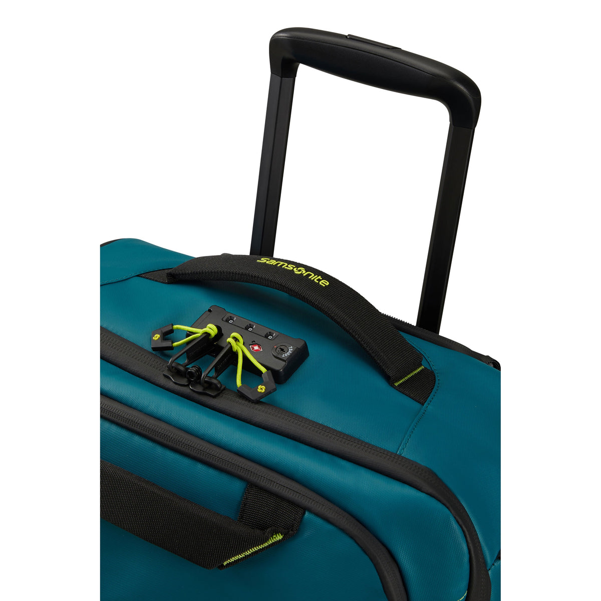 Samsonite Prodiver Wheeled Duffle Backpack (55/20) in the color Petrol Blue/Lime.