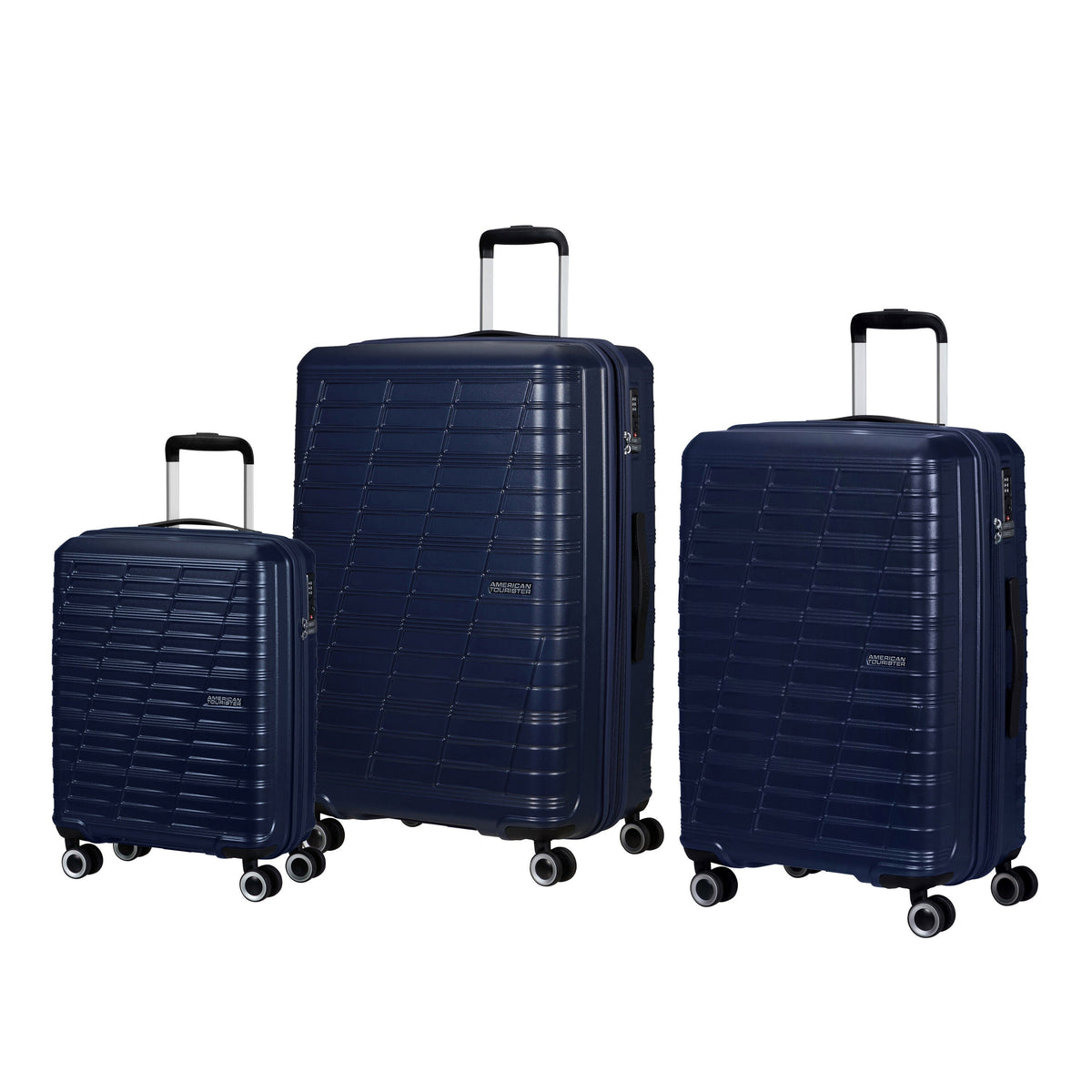 American Tourister Surftime Spinner 3 Piece Set (CO/M/L) in the color Metallic Blue.